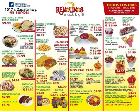 Remolinos snack - See more of Remolinos Snack & Grill 2 on Facebook. Log In. Forgot account? or. Create new account. Not now. Related Pages. Krazylokolaredo. Fast food restaurant. Tacos El ing. Product/service. Chingadera y 1/2. Games/toys. Reylis Haircut. Barber Shop. Jewelry EDITH. Jewelry Wholesaler. El Querreque Grill. Tex-Mex Restaurant. Sweet & Spicy …